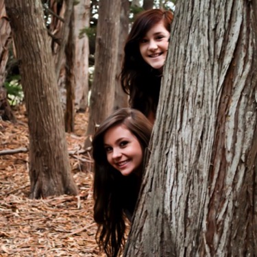 Two sisters playfully peeking from opposite sides of large tree trunks in a wooded setting during an outdoor professional sibling portrait photography session by Kay Fritze of Fritze Media