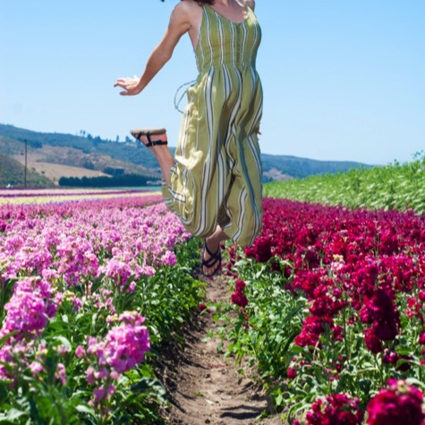 Young woman in a striped jumpsuit jumping between rows of vibrant pink flowers during a playful outdoor professional senior portrait photography session by Kay Fritze of Fritze Media