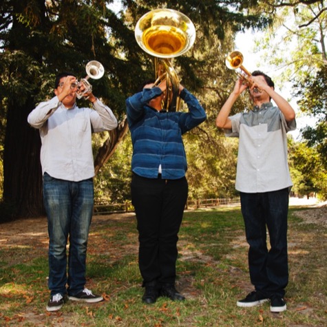 Three brass musicians playing trumpets and a large sousaphone outdoors beneath mature trees during a professional musician portrait photography session by Kay Fritze of Fritze Media